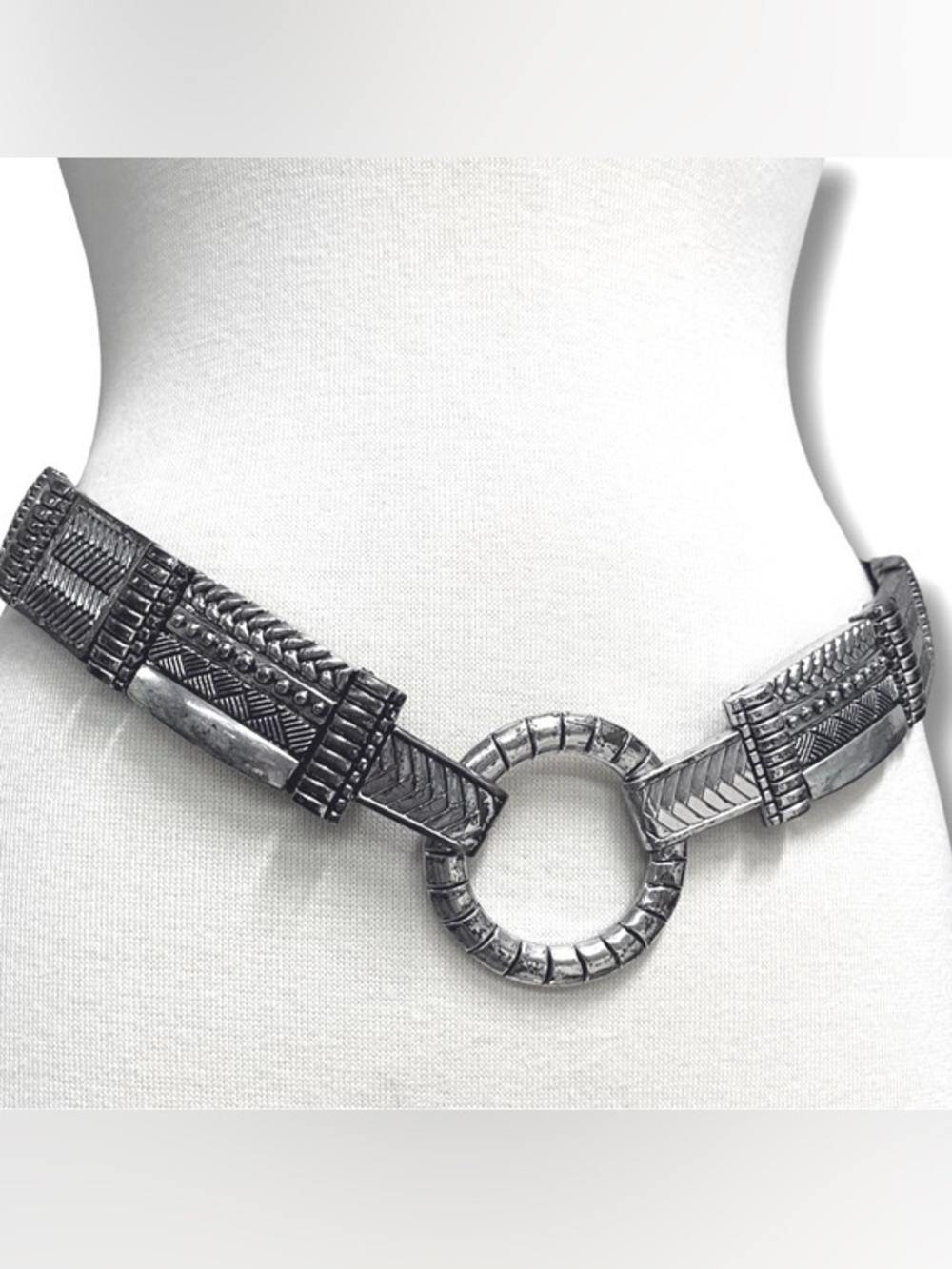 Chicos Y2K Silver Metal Boho Circle Hook Waist Belt Elastic Stretch Vintage